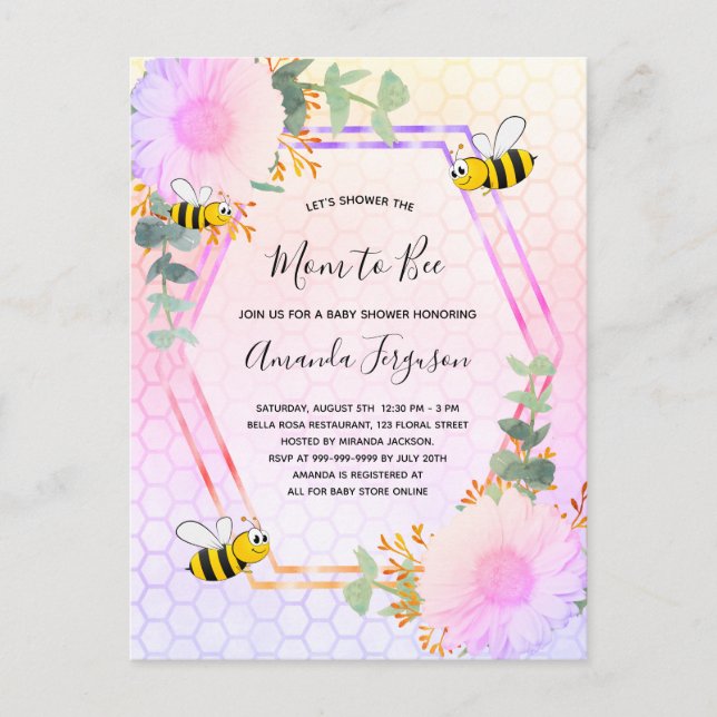 Invitation Carte Postale Baby shower d'abeilles fille fleurie verte maman à (Devant)