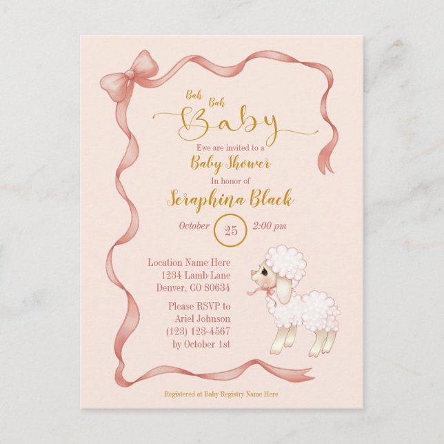 Invitation Carte Postale Baby shower d'agneau à mâchoires rose doux (Devant)