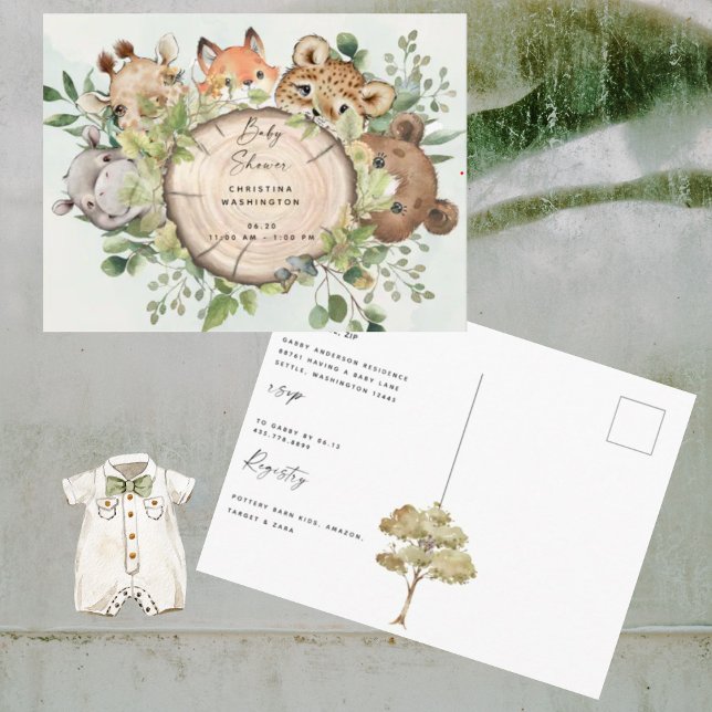 Invitation Carte Postale Baby shower d'animaux de bois mignons (Créateur téléchargé)