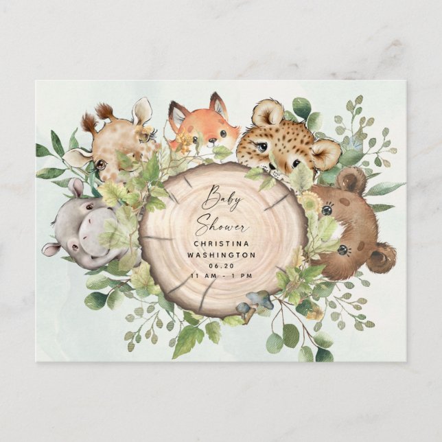 Invitation Carte Postale Baby shower de Bébés animaux en bois mignons (Devant)