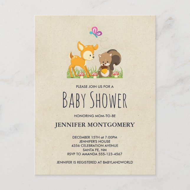 Invitation Carte Postale Baby shower de dessin animé en bois mignon (Devant)