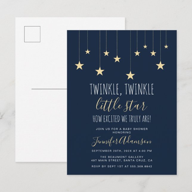Invitation Carte Postale Baby shower de la Marine Blue Twinkle Little Star (Devant / Derrière)