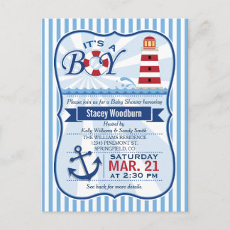 Invitation Carte Postale Baby shower de phare bleu, blanc et bleu marine