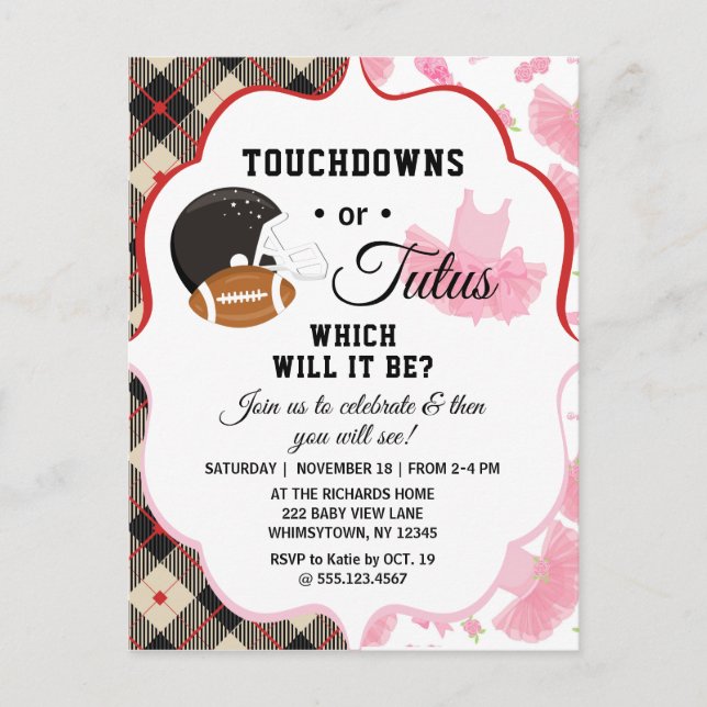 Invitation Carte Postale Baby shower de révélation de genre Touchdowns ou T (Devant)