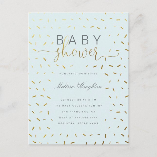 Invitation Carte Postale Baby shower de script Chic Gold Sprinkle Confetti (Devant)