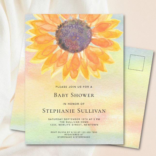Invitation Carte Postale Baby shower de tournesol aquarelle (Créateur téléchargé)