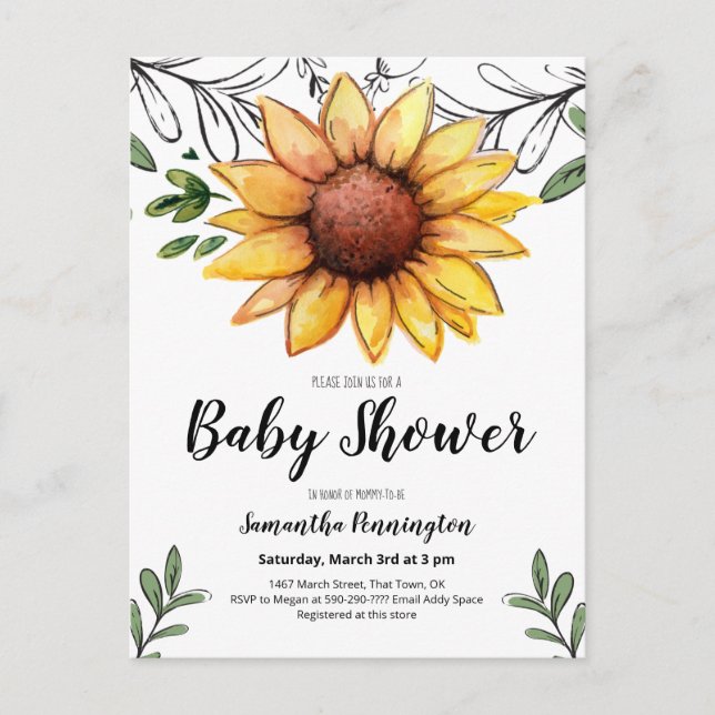 Invitation Carte Postale Baby shower de tournesol rustique aquarelle (Devant)