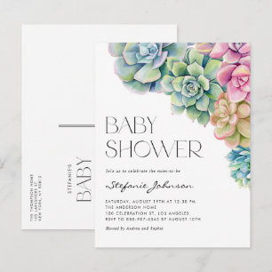 Invitation Carte Postale Baby shower d'été Pastel Watercolor Succulents