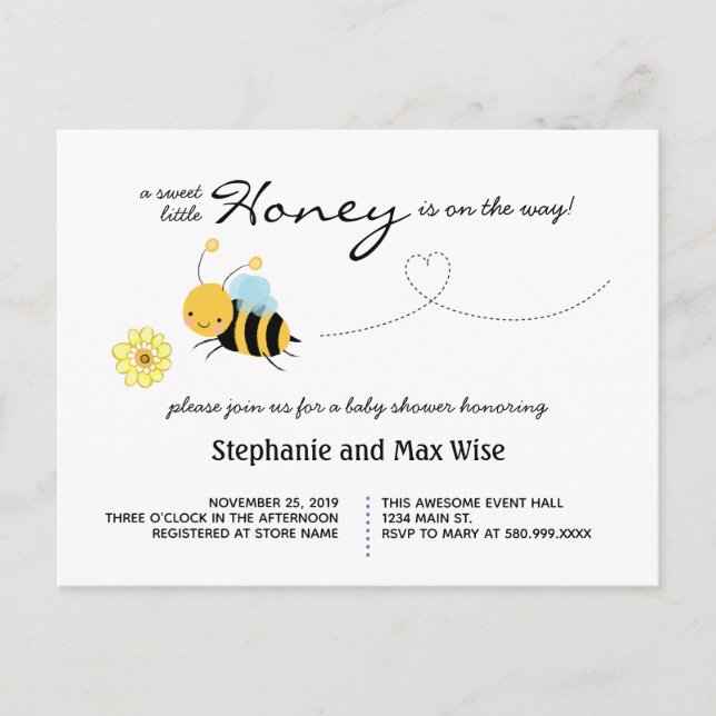 Invitation Carte Postale Baby shower doux petit miel duples d'abeilles (Devant)