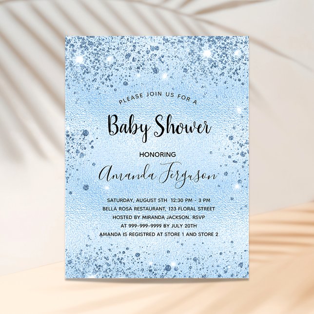 Invitation Carte Postale Baby shower en métal bleu clair parties scintillan (Créateur téléchargé)