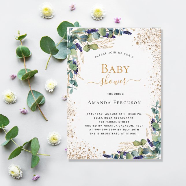 Invitation Carte Postale Baby shower eucalyptus verdure parties scintillant (Créateur téléchargé)