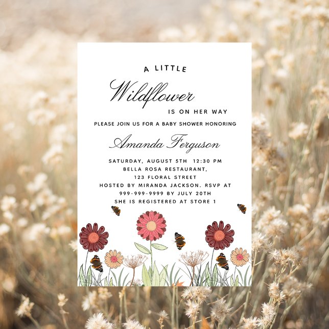 Invitation Carte Postale Baby shower fleur sauvage papillon rétro (Créateur téléchargé)