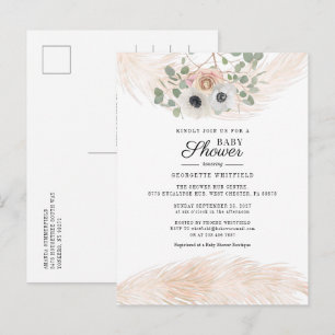 Invitation Carte Postale Baby shower Floral Boho Pampas Grass Girl