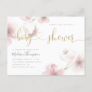 Invitation Carte Postale Baby shower floral cerisier en fleurs d'or