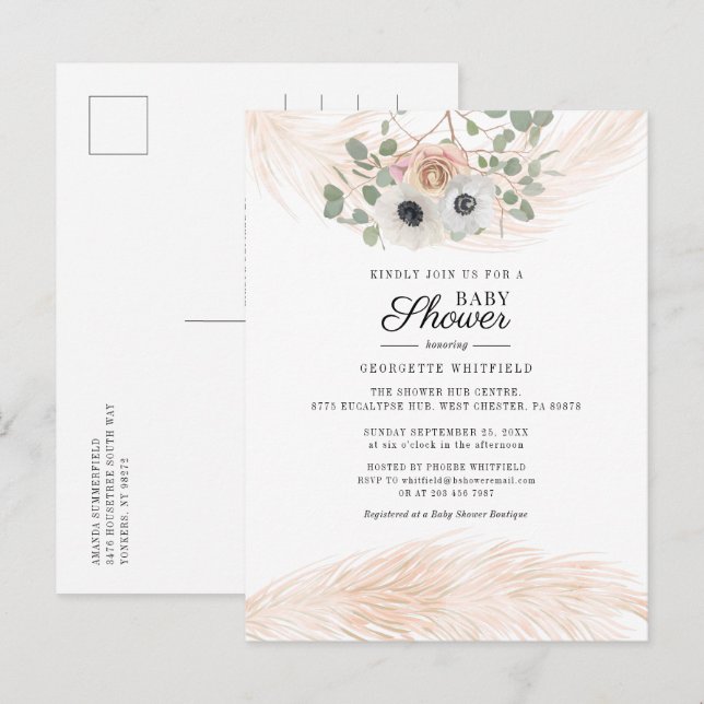 Invitation Carte Postale Baby shower Floral Pampas Grass Girl (Devant / Derrière)