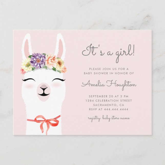 Invitation Carte Postale Baby shower Flower Crown & Llama Girl (Devant)