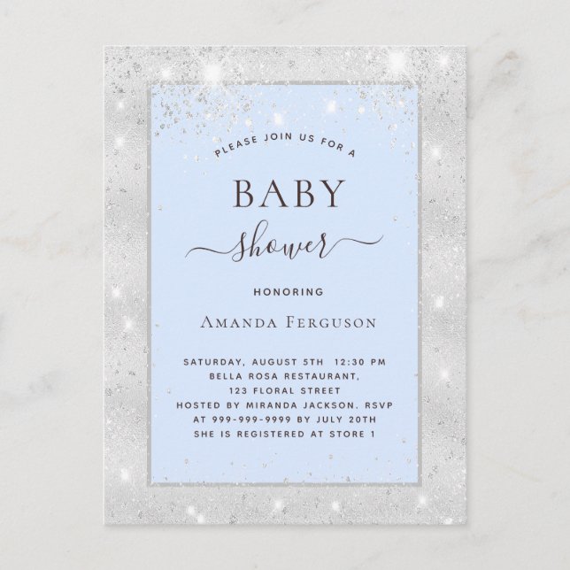 Invitation Carte Postale Baby shower garçon argent bleu clair parties scint (Devant)
