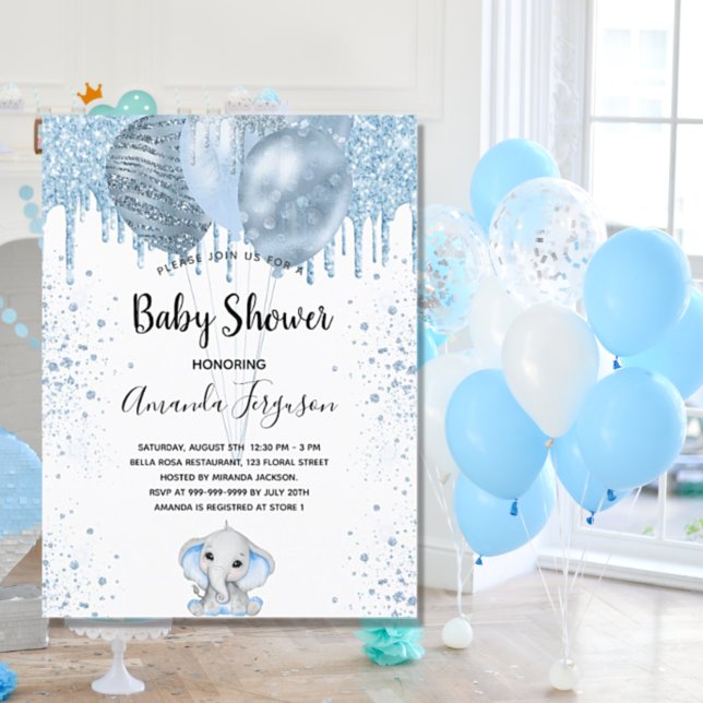 Invitation Carte Postale Baby shower garçon bleu parties scintillant élépha (Créateur téléchargé)