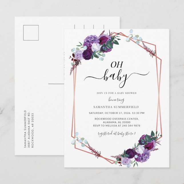 Invitation Carte Postale Baby shower géométrique Rose Floral violet (Devant / Derrière)