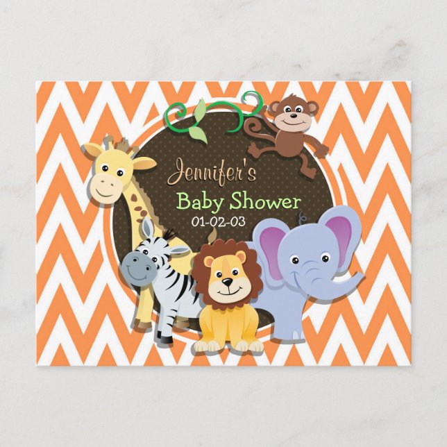 Invitation Carte Postale Baby shower Jungle ; Chevron orange et blanc (Devant)