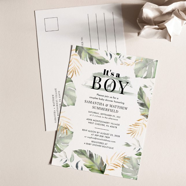 Invitation Carte Postale Baby shower Jungle Safari verdure Couples (Palm Leaves Boy Baby Shower Invitation Post Card)