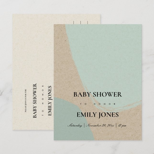 INVITATION CARTE POSTALE BABY SHOWER KRAFT AQUA BLEU ABSTRAIT MODERNE (Devant / Derrière)