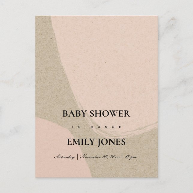 INVITATION CARTE POSTALE BABY SHOWER KRAFT ROSE MODERNE ABSTRAIT DOUX (Devant)