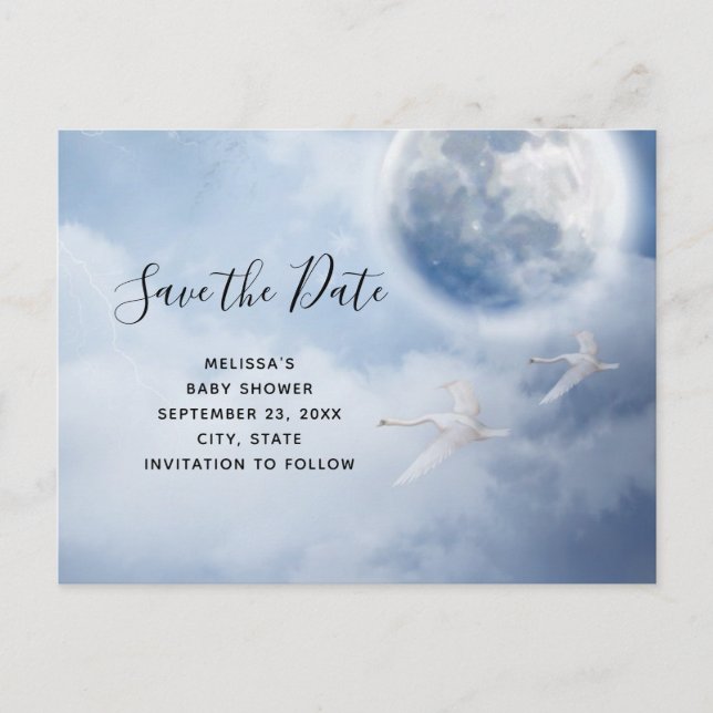 Invitation Carte Postale Baby shower Magical Flying Swans Enregistrer la da (Devant)