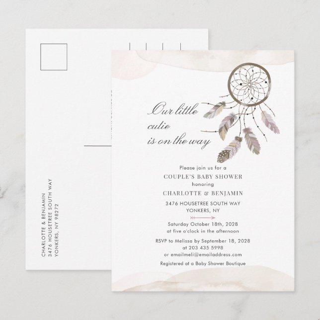 Invitation Carte Postale Baby shower moderne Couples aquarelle Script (Devant / Derrière)