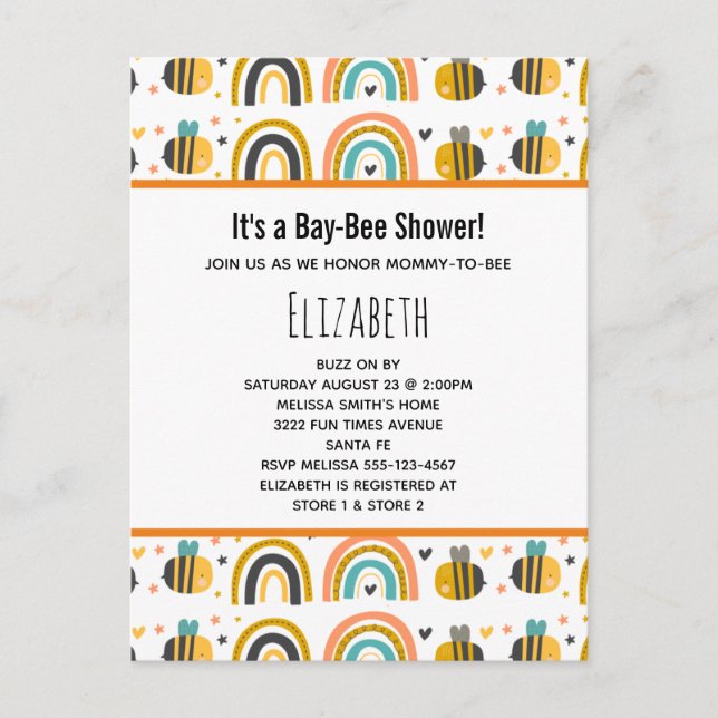 Invitation Carte Postale Baby shower Motif de mignet Bumble Bee et Rainbows (Devant)