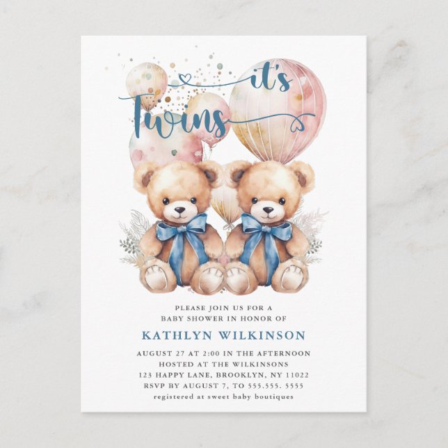 Invitation Carte Postale BABY SHOWER Nounours DES Ballons Bleus DOUCES (Devant)