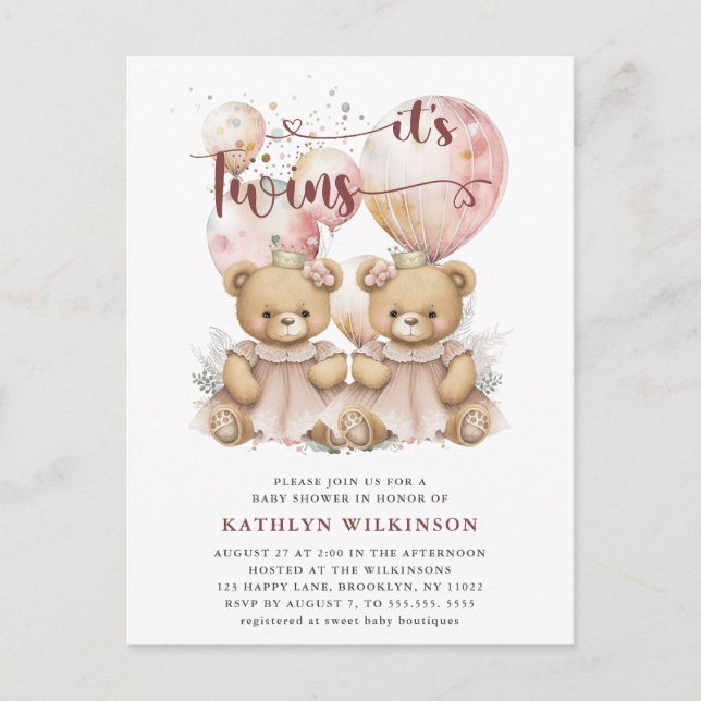 Invitation Carte Postale BABY SHOWER Nounours DES Ballons roses DOUCES (Devant)