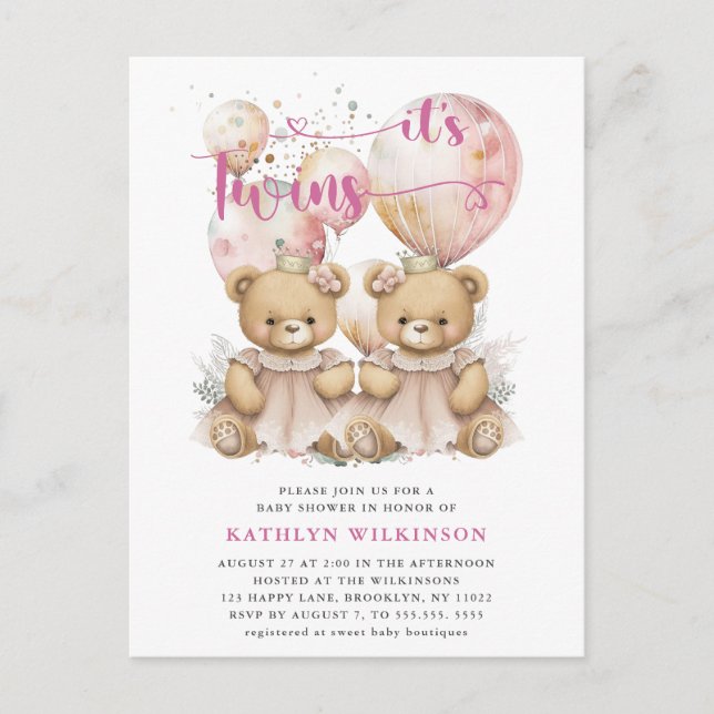 Invitation Carte Postale BABY SHOWER Nounours DES Ballons roses DOUCES (Devant)