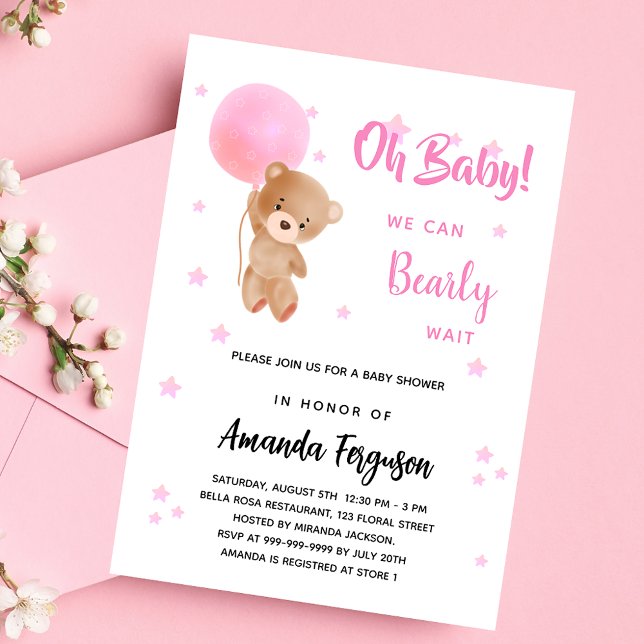 Invitation Carte Postale Baby shower ours en peluche fille ballon rose (Créateur téléchargé)