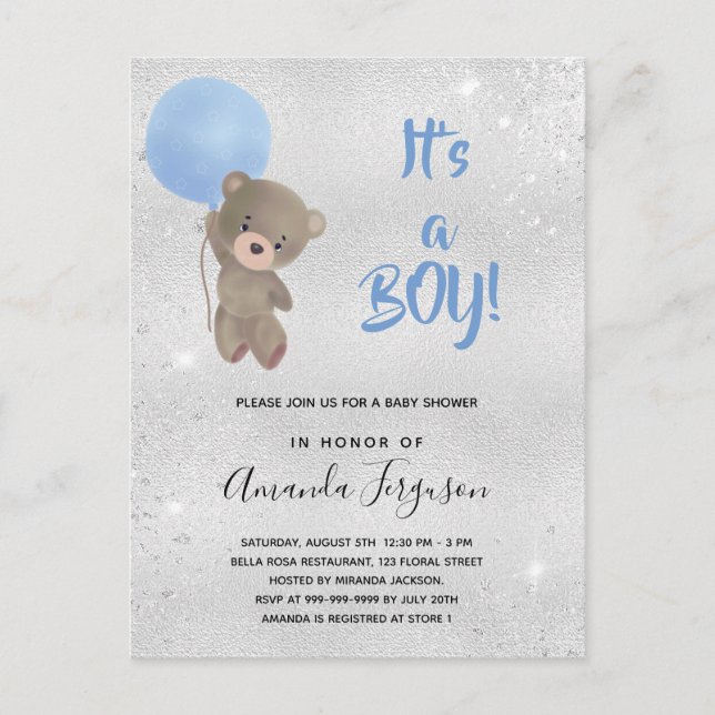 Invitation Carte Postale Baby shower ourson garçon bleu argent (Devant)