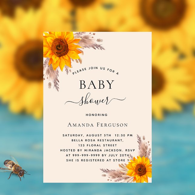 Invitation Carte Postale Baby shower pampas herbe tournesol rousse (Créateur téléchargé)