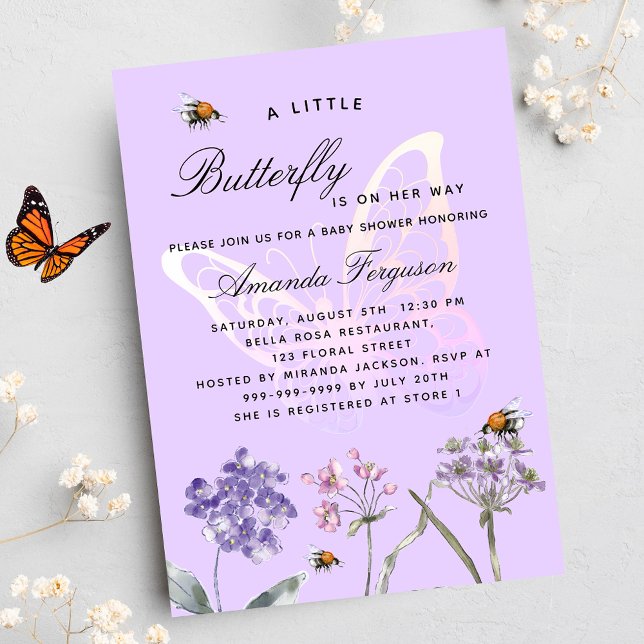 Invitation Carte Postale Baby shower papillon fleur sauvage violette fille (Créateur téléchargé)
