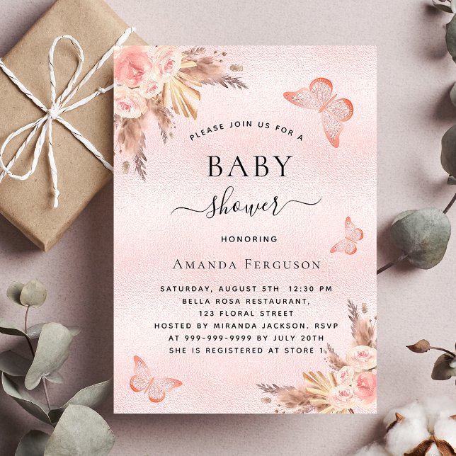 Invitation Carte Postale Baby shower papillon pampas herbe flush florales (Créateur téléchargé)