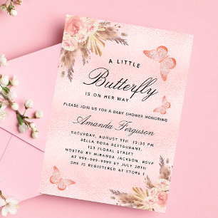 Invitation Carte Postale Baby shower papillon rose pampa herbe fille