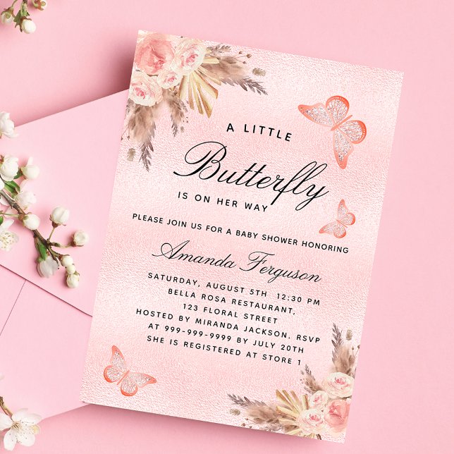 Invitation Carte Postale Baby shower papillon rose pampa herbe fille (Créateur téléchargé)