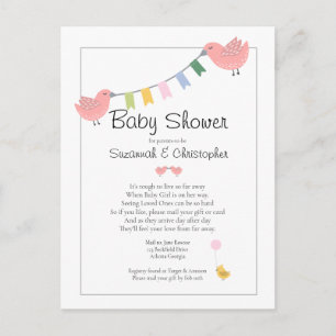 Invitation Carte Postale Baby Shower par la Poste Fille Oiseaux Roses