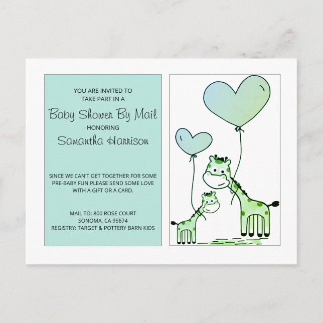 Invitation Carte Postale Baby shower Par Mail Giraffes Bleu Vert Vert (Devant)
