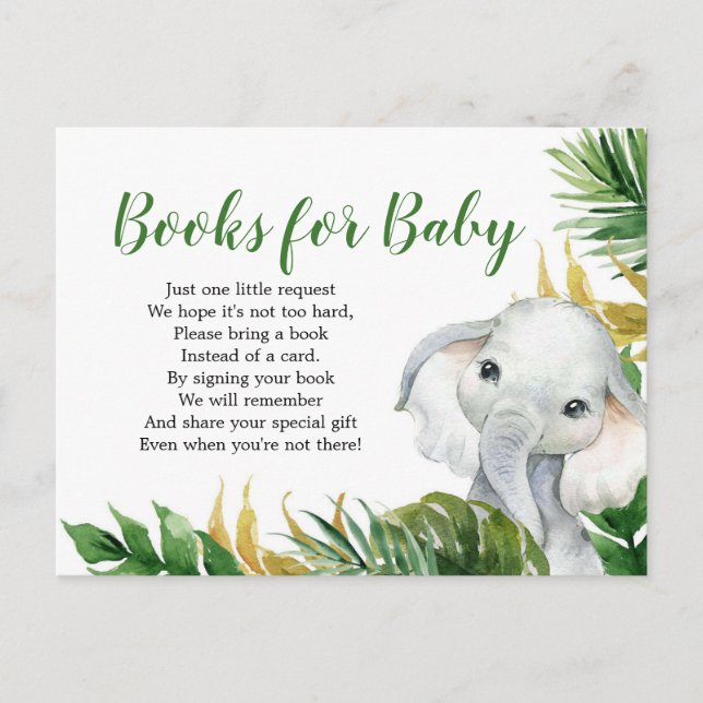 Invitation Carte Postale Baby shower pour éléphants tropicaux Livres pour b (Devant)