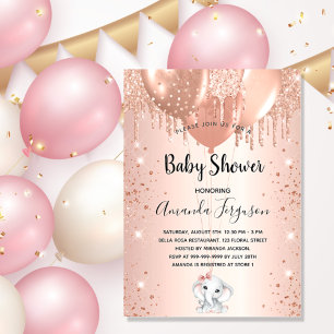 Invitation Carte Postale Baby shower rose parties scintillant d'or éléphant