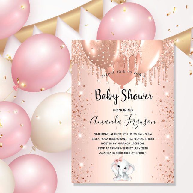 Invitation Carte Postale Baby shower rose parties scintillant d'or éléphant (Créateur téléchargé)
