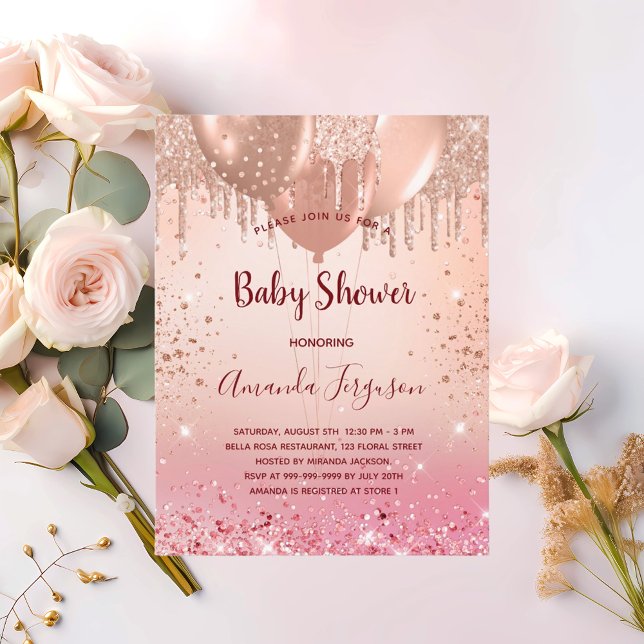 Invitation Carte Postale Baby shower rose rose rose or parties scintillant  (Créateur téléchargé)