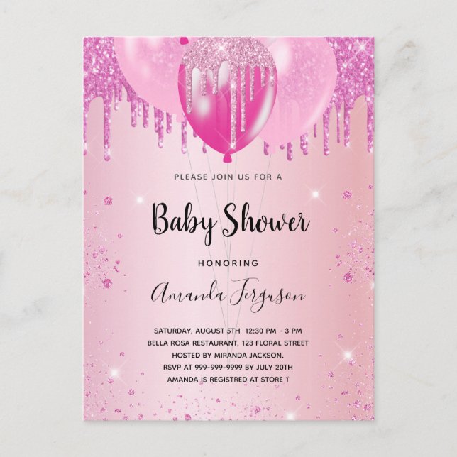Invitation Carte Postale Baby shower rose rousse parties scintillant ballon (Devant)