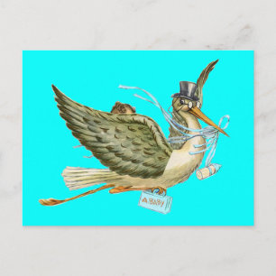Invitation Carte Postale BABY SHOWER STORK, turquase