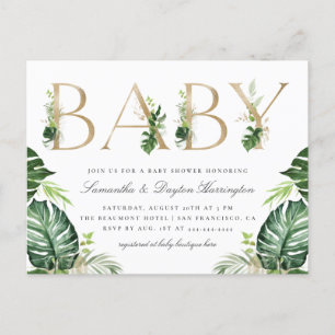 Invitation Carte Postale Baby shower Tropical Green Gold Typography