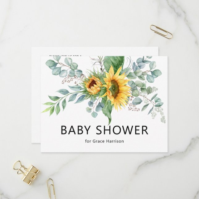 Invitation Carte Postale Baby shower vert de tournesol russe Eucalyptus (Devant/Arrière en situation)